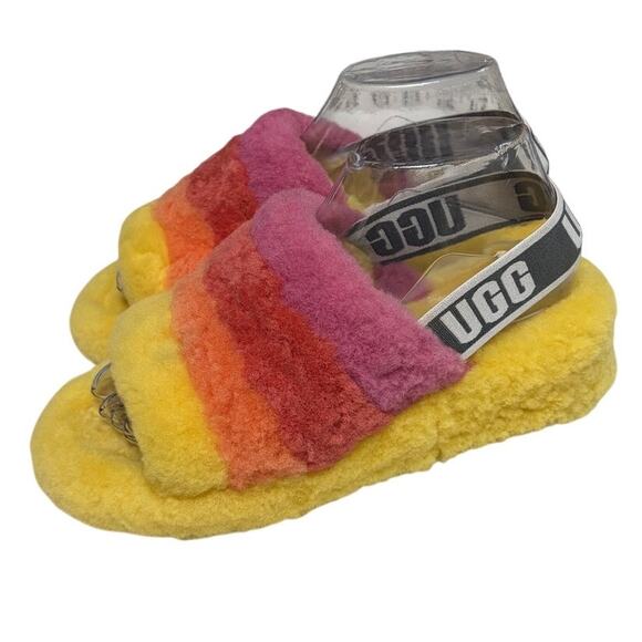 UGG Fluff Yeah Slide Pride Rainbow Yellow Fur Slippers Womens Size 7 - Picture 7 of 8